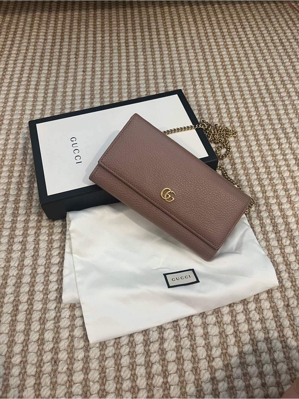 Gucci Pink Taupe Pebbled Leather Chain Crossbody with Gold GG